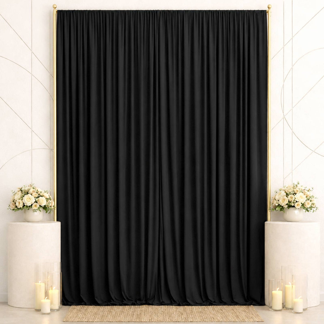 Elegant black curtain backdrop with gold frame and floral wedding decor