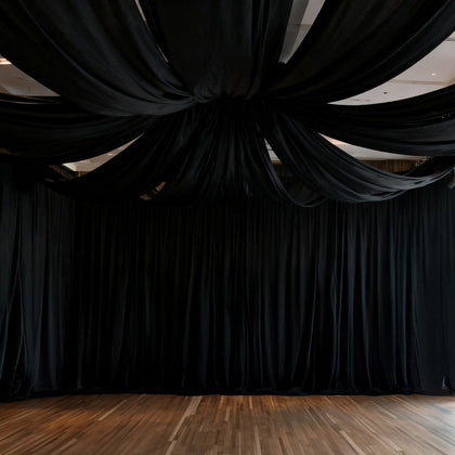 Spandex Ceiling Drape Panel – Black, 5ft x 32ft Wrinkle-Free 4-Way Stretch Fabric, Extra-Long Curtain for Event Ceiling or Backdrop Décor