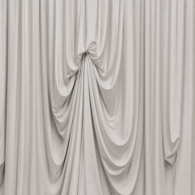 Elegant white draped fabric curtain with soft folds and centered knot