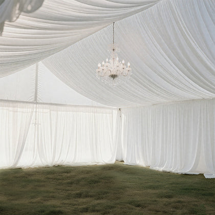 Stretch Spandex Tent Ceiling Drape – 25ft x 36ft, White 100GSM Wrinkle-Free Fabric Ceiling Liner with Pole Pockets, Standard