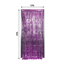 a purple metallic foil tinsel curtain with measurements of 8 ft and 3 ft