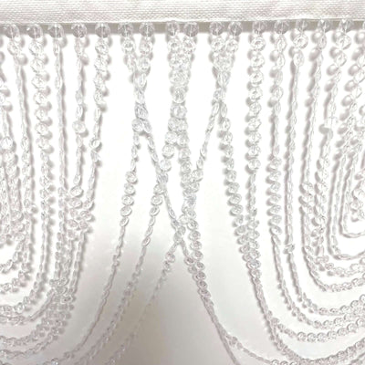 Clear beaded curtain strands on a white background