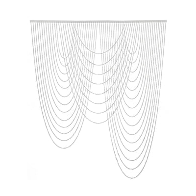 Silver bead curtain with cascading strands on a plain white background