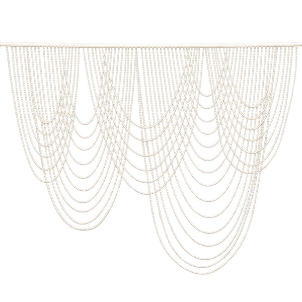 White beaded chain curtain with cascading draped loops on a rod#whtbkgd
