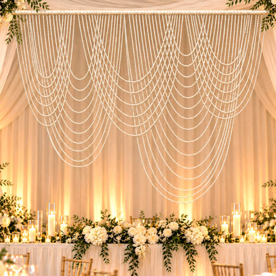 Faux Pearl Beaded Curtain Backdrop, White Multi Swag Drape Valance for Wedding Arch, Doorway & Event Decor, 8ft x 6.5ft