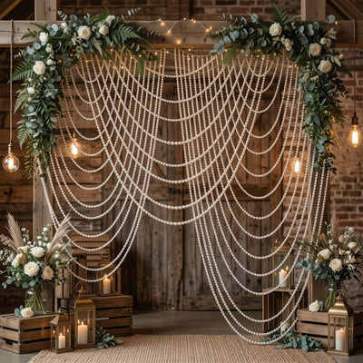 Elegant wedding backdrop with draped pearls and floral arrangements.