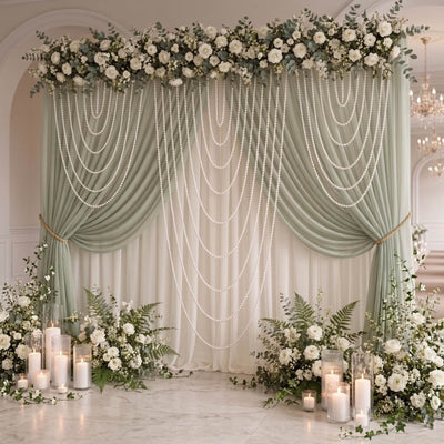 Elegant wedding backdrop with sage drapes, white flowers, and pearl garlands