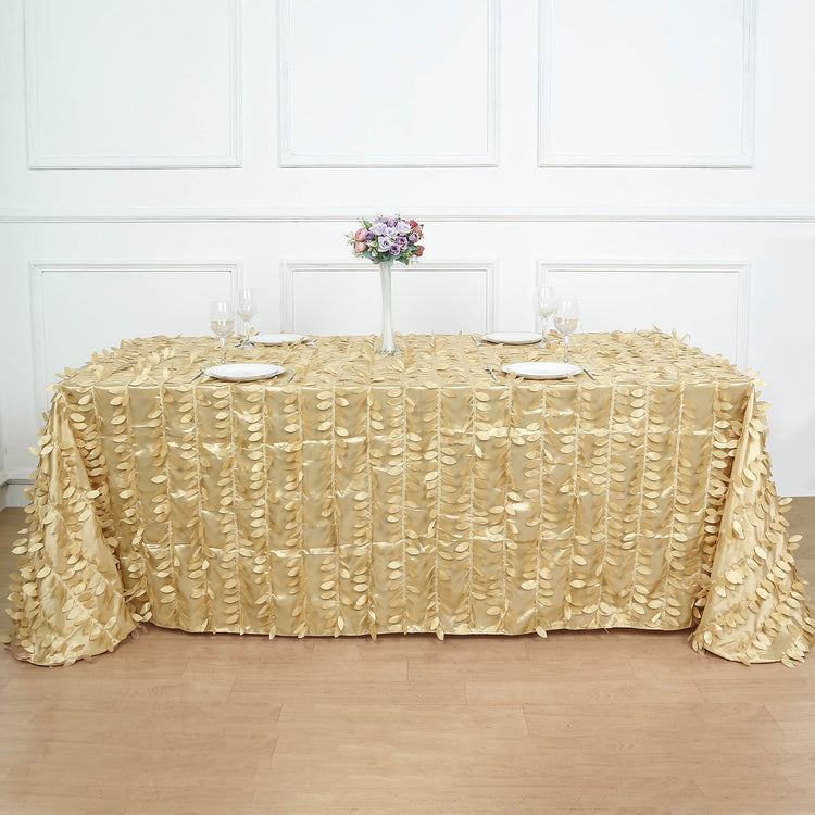 90 Inch x 132 Inch Champagne Leaf Petal Taffeta Rectangle Tablecloth