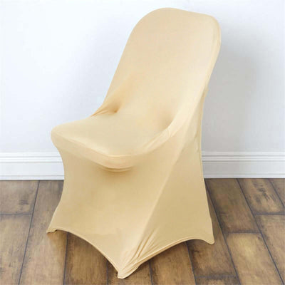 Beige chair cover for events and parties, providing a sleek and elegant look.
