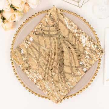 Elevate Your Dining Experience with Champagne Wave Embroidered Sequin Mesh Dinner Napkins