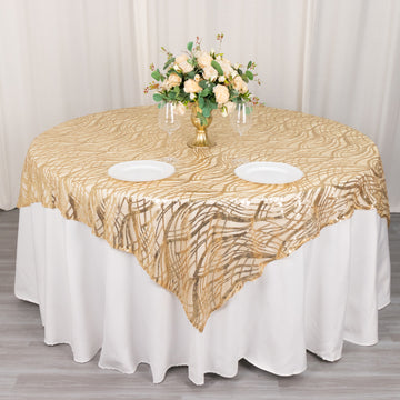 Champagne Wave Mesh Square Table Overlay With Embroidered Sequins 72"x72"