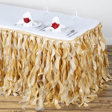 Champagne Curly Willow Taffeta Table Skirt - Add Elegance to Your Event Decor