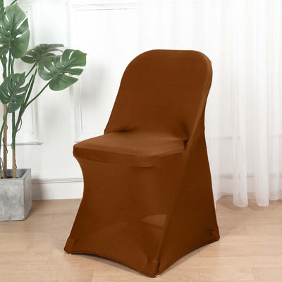 Brown stretch chair cover on a dining chair in a stylish setting.