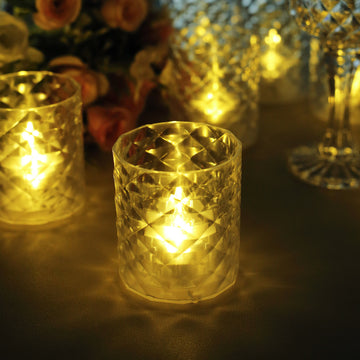 12 Pack Clear Acrylic Diamond LED Tealight Candle Holder Sets, Warm White Battery Operated Whiskey Glass Votive Candle Lamps 3"