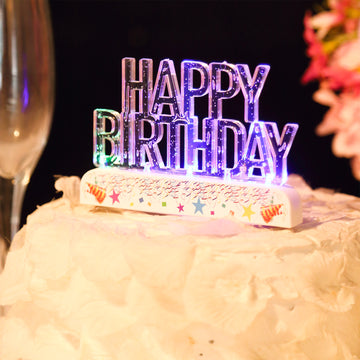 Clear Acrylic Multicolor Flashing LED Happy Birthday Cake Topper 5"x 3"