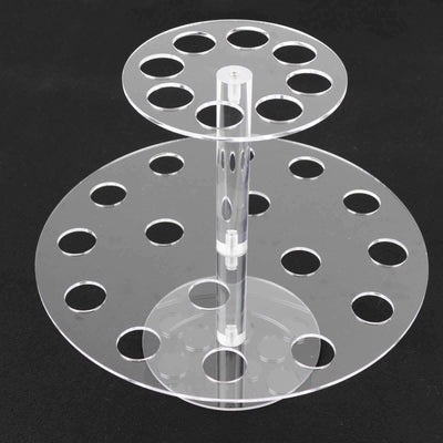 Acrylic display stand with two circular tiers and multiple holes for organization.