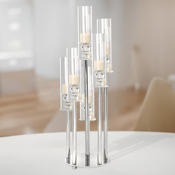 Clear 7 Arm Crystal Cluster Round Taper Candelabra, Candle Holder For Votive, Pillar or LED Candles With Mirror Base 33"