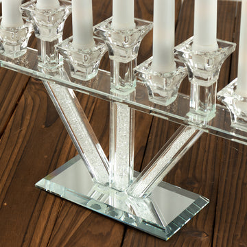 <strong>Clear Crystal-Filled Menorah Glass Taper Candelabra</strong>