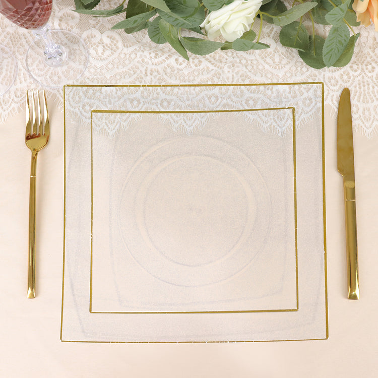 10 Pack | 8inch Clear / Gold Concave Modern Square Plastic Dessert Plates Disposable Salad Plates