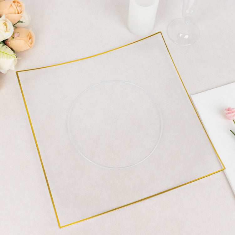 10 Pack | 10inch Clear / Gold Concave Modern Square Plastic Dinner Plates Disposable Party Plates