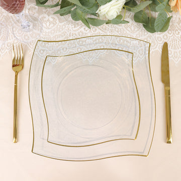 Elegant and Stylish Clear/Gold Wavy Rim Modern Square Plastic Dessert Plates