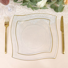 10 Pack | 8inch Clear / Gold Wavy Rim Modern Square Plastic Dessert Plates, Disposable Party Plates