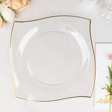 Clear/Gold Wavy Rim Modern Square Plastic Dinner Plates