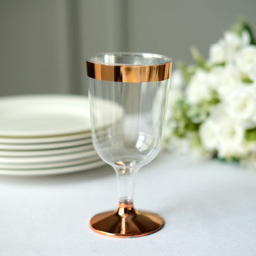 12 Pack Clear 6oz Rose Gold Rim Plastic Wine Glasses Disposable Cups with Detachable Base