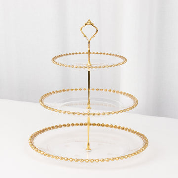 Clear 3-Tier Round Plastic Cupcake Tower Stand with Gold Beaded Rim, Dessert Display Tea Party Serving Platter With Top Handle - 14" Tall