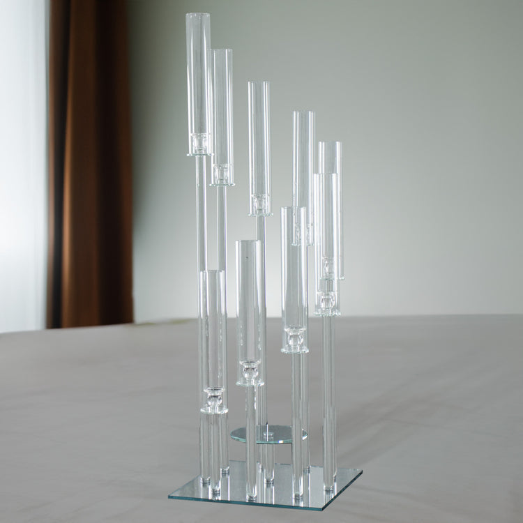 4ft Crystal 9-Arm Cluster Glass Candelabra Floral Pedestal Stand, Square Taper Candle Holder Stand