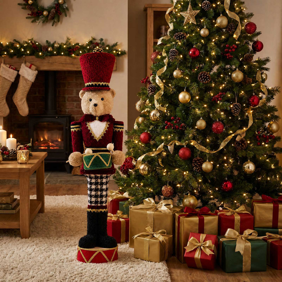 Christmas living room with decorated tree, wrapped gifts, and nutcracker bear statue