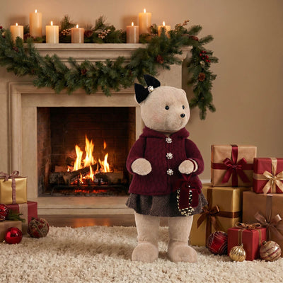 Christmas teddy bear in a cozy fireplace room with gifts and holiday decor