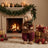 Festive teddy bear by fireplace with Christmas decorations and wrapped gifts