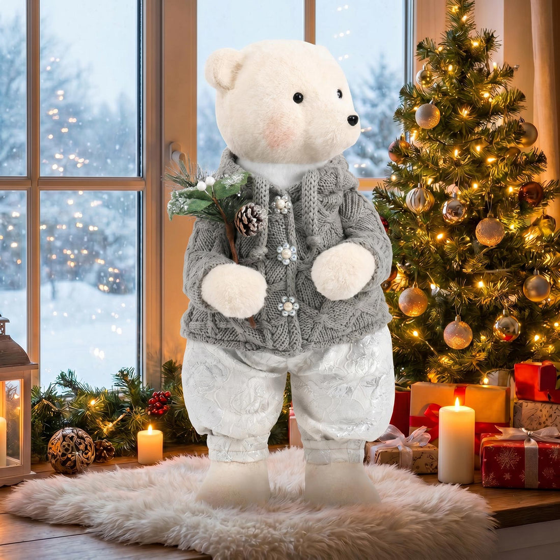 White teddy bear in Christmas sweater beside decorated tree and gifts