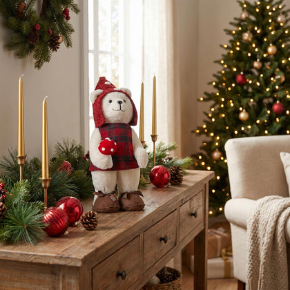 24" White Plush Teddy Bear Gnome Christmas Figurine, Red Plaid Outfit, Holding Mushroom - Freestanding Holiday Decor