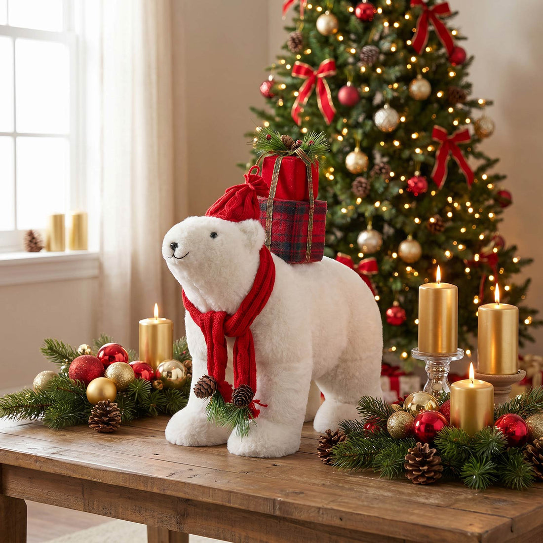 Christmas polar bear plush with gift, red scarf, and decorated tree backdrop
