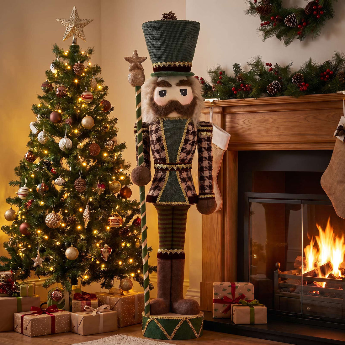 Festive Christmas nutcracker beside decorated tree and fireplace