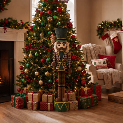 Festive Christmas living room with decorated tree, nutcracker, and gifts