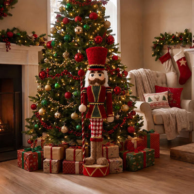 Festive Christmas living room with decorated tree, nutcracker, and wrapped gifts