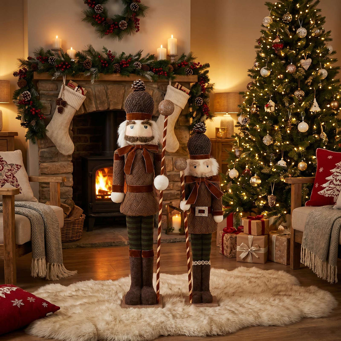 Cozy Christmas living room with tree, fireplace, stockings, and nutcracker decor