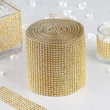 Create Unforgettable Wedding Decorations with the Shiny Gold Diamond Rhinestone Ribbon Wrap Roll