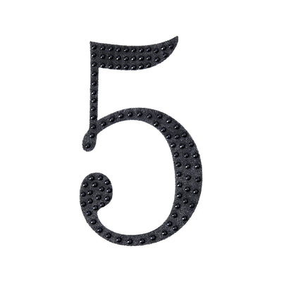 Black decorative number five on a white background.
