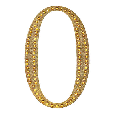 Gold glitter number "0" with orange rhinestones on a white background