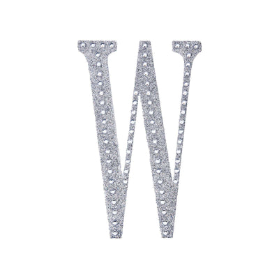 Silver rhinestone letter "W" on a white background.