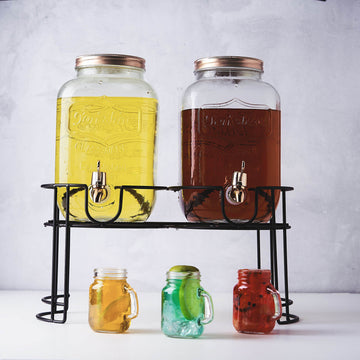 Elegant and Versatile: Clear Dual Gallon Glass Beverage Dispenser Stand with Rose Gold Metal Lids