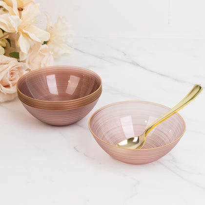 20-Pack Plastic Bowls 16oz – Transparent Dusty Rose with Gold Rim, Elegant Crystal-Like Swirl Disposable Bowls