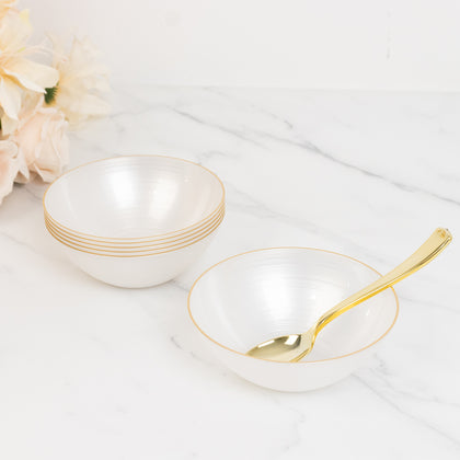 20-Pack Plastic Bowls 16oz – Transparent Pearl White with Gold Rim, Elegant Crystal-Like Swirl Disposable Bowls