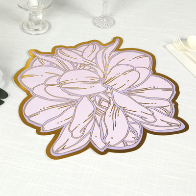 Elegant pink floral placemat design on a textured table surface.