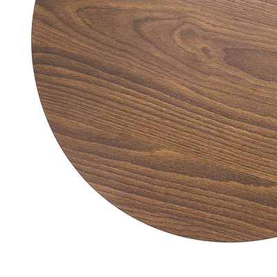 Round wooden tabletop with rich grain detail.