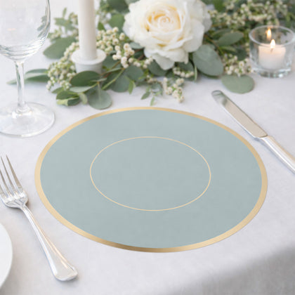 50 Pack Disposable Table Placemats 13" Round Dusty Blue with Gold Rim – Cardboard Charger Plates for Elegant Table Settings, 128 GSM